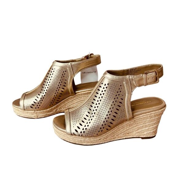 Liz Claiborne Hanalei Gold Laser Cutout Wedge Heel Espadrille Sandal Sz 7M NWT - Picture 1 of 9